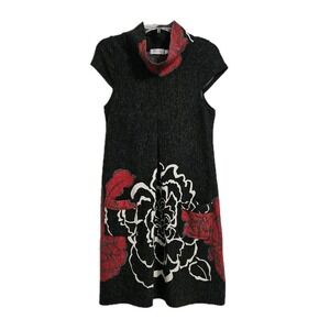 Funky People Sweater Dress Women M Grey Floral Cowl Neck Cap Sleeve Knit Pockets